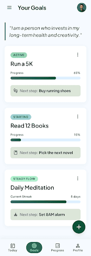 Taskflow mobile Goals screen showing active goals, progress, and suggested next steps